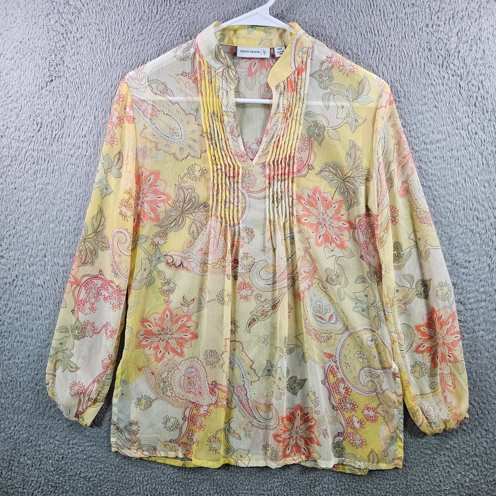 Susan Graver Top Blouse XXS Paisley‎ Print Sheer Yellow Tone